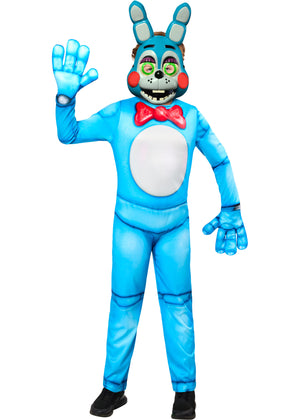 Blue animated character costume with a red bow tie on a white background