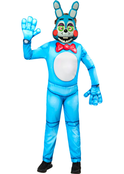Blue animated character costume with a red bow tie on a white background