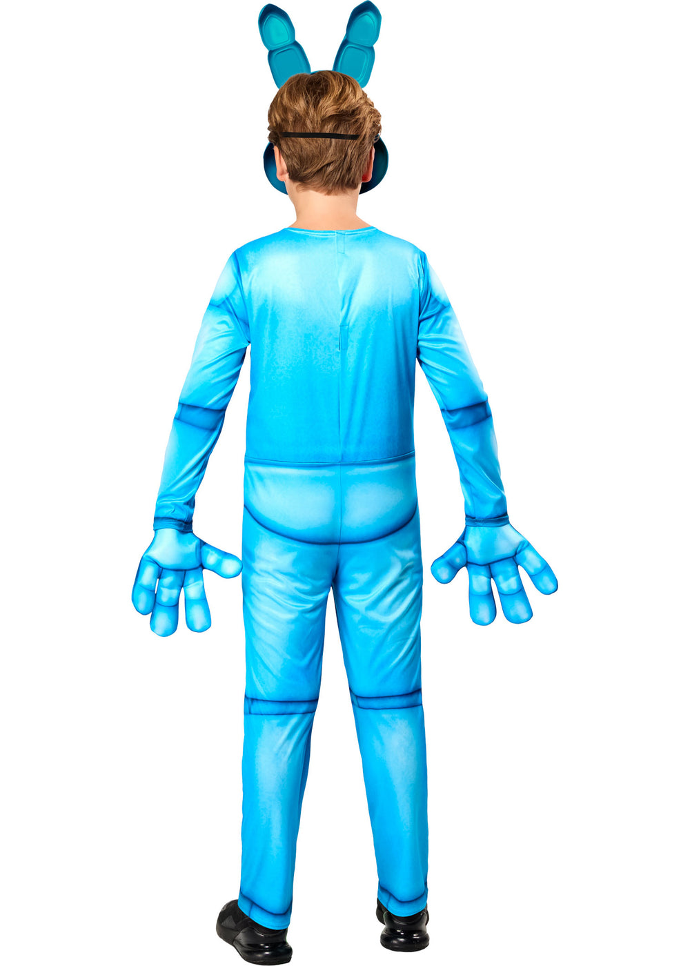 Child wearing a blue costume with gloves and headpiece on a white background
