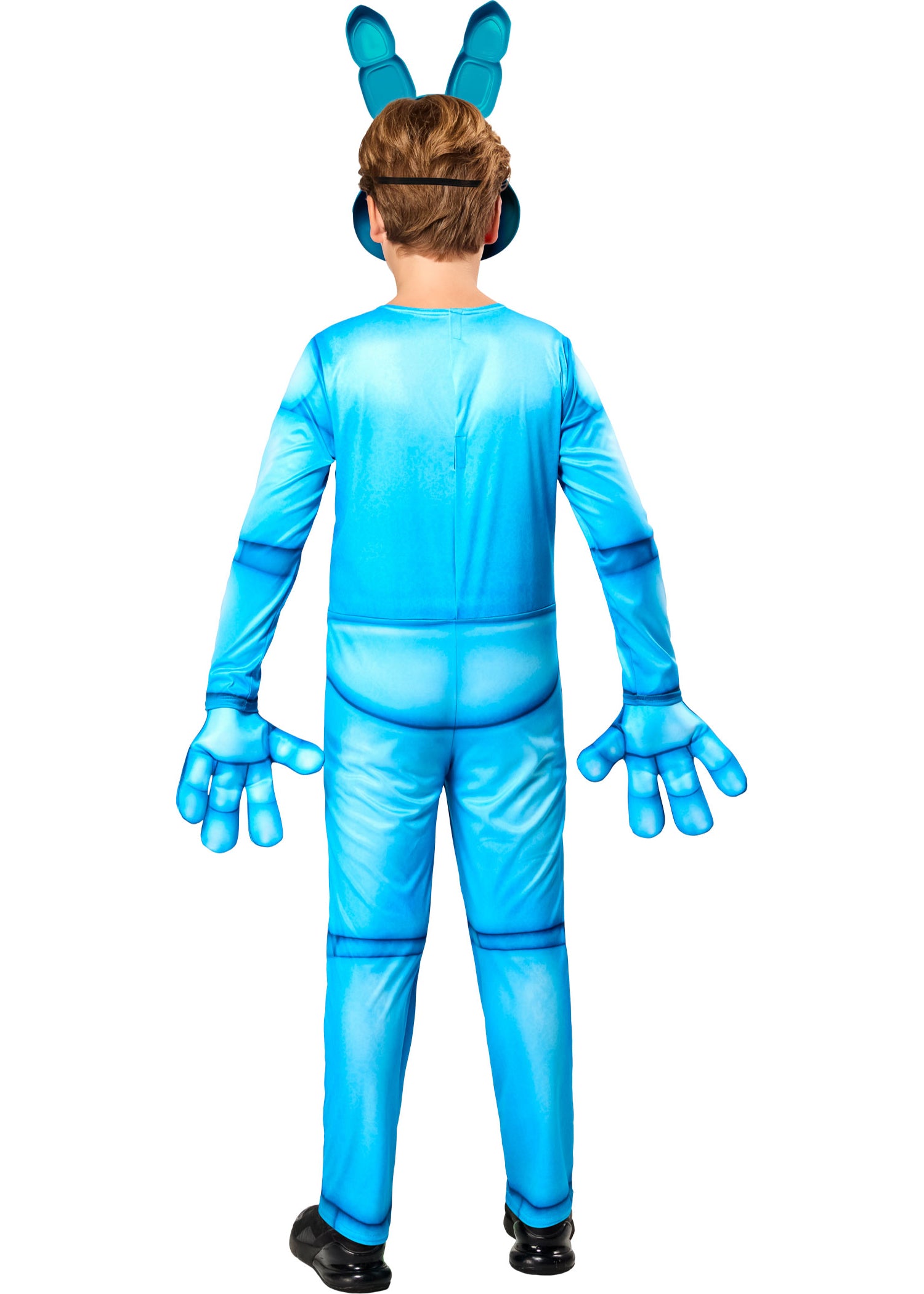 Child wearing a blue costume with gloves and headpiece on a white background