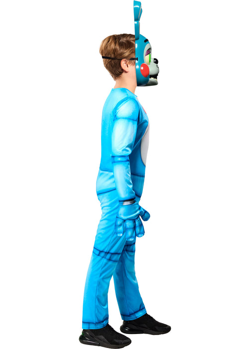 Person wearing a blue superhero costume with a mask on a white background