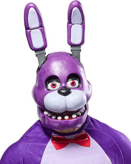 Purple bunny mask with red eyes and a red bow tie on a white background
