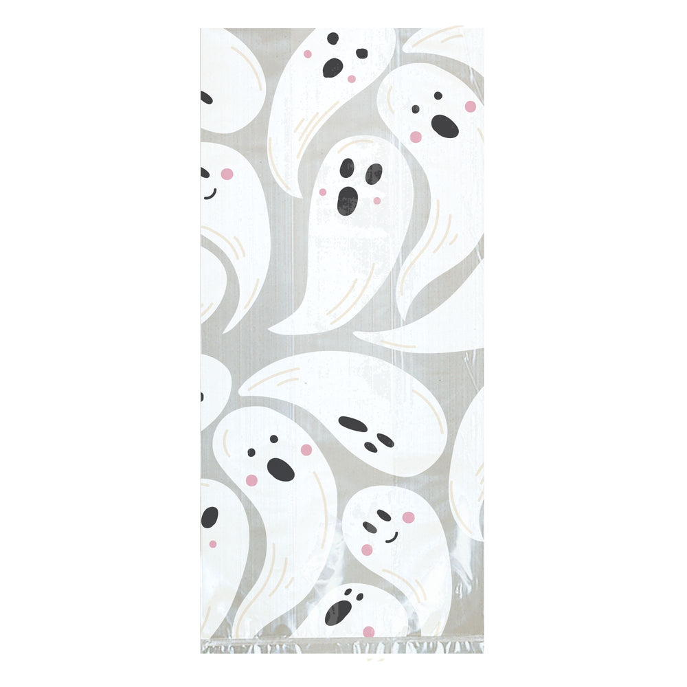 A rectangular fabric item, likely a baby blanket or towel, featuring a playful pattern of white cartoon ghosts with black eyes and pink cheeks on a light gray background.
