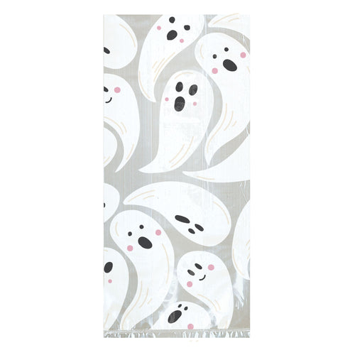 A rectangular fabric item, likely a baby blanket or towel, featuring a playful pattern of white cartoon ghosts with black eyes and pink cheeks on a light gray background.