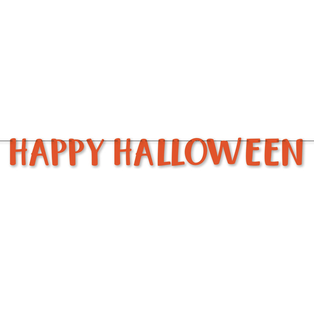 Orange 'HAPPY HALLOWEEN' letter banner garland on a thin string against a plain white background.