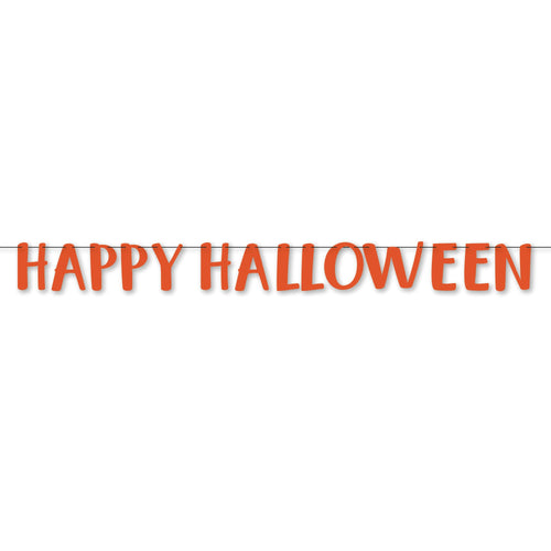 Orange 'HAPPY HALLOWEEN' letter banner garland on a thin string against a plain white background.