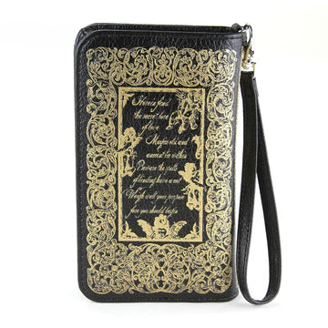 Black and gold ornate wallet with text and design on a white background