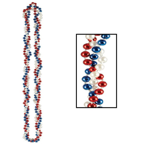 Long necklace with red, white, and blue beads on a white background