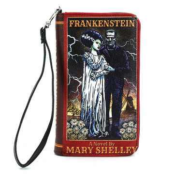 Phone wallet with Frankenstein design featuring Mary Shelley's novel cover.