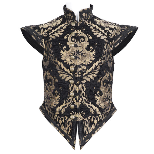 Decorative black and gold patterned vest on a white background