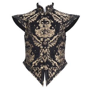 Decorative black and gold patterned vest on a white background