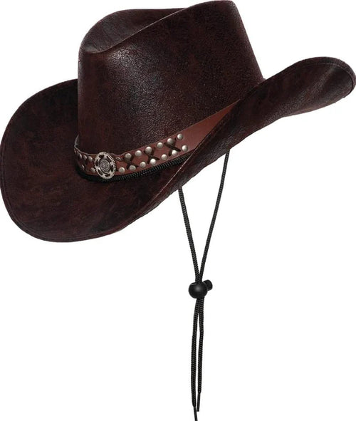 Brown cowboy hat with decorative band on a white background