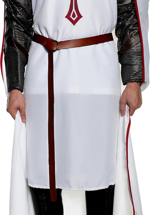 Person wearing a white outfit with a red emblem and brown belt