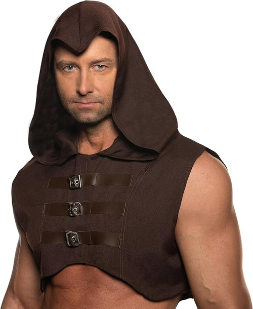 Man wearing a brown hooded outfit with leather straps on a white background