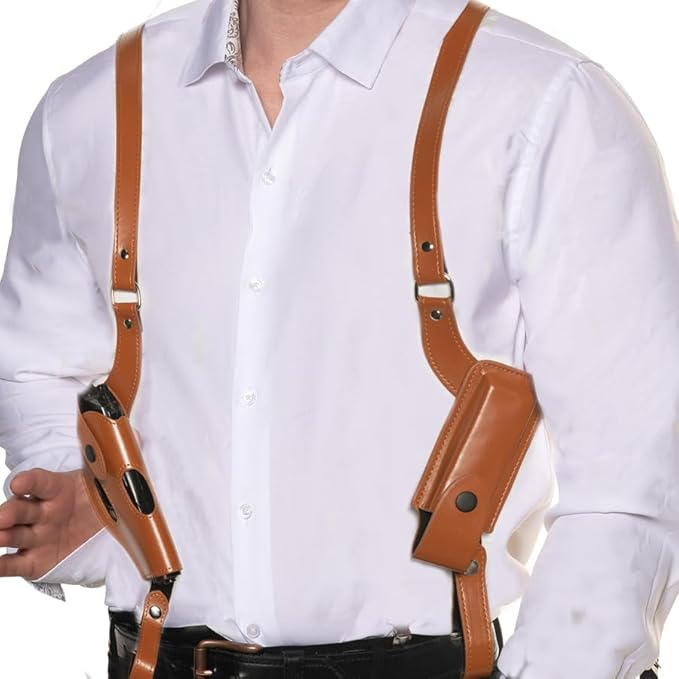 Person wearing a white shirt with brown leather gun holsters on a white background