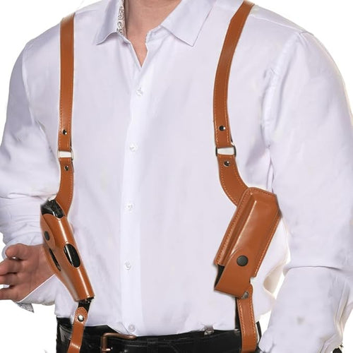 Person wearing a white shirt with brown leather gun holsters on a white background