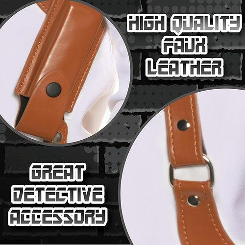 Brown faux leather belt with buckle on a white background, labeled as a high-quality accessory.