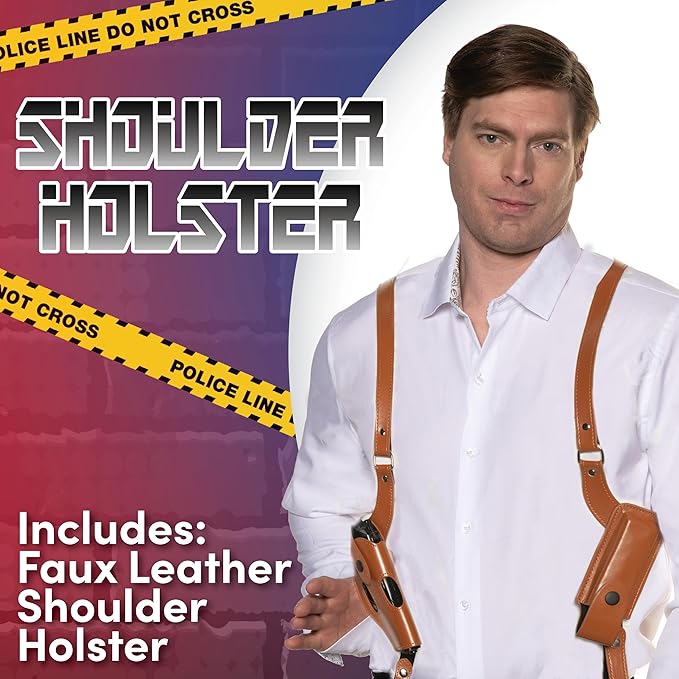 Man wearing a faux leather shoulder holster with text about the product on a colorful background.