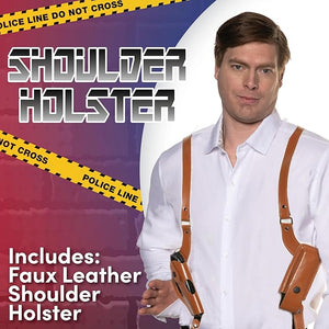 Man wearing a faux leather shoulder holster with text about the product on a colorful background.