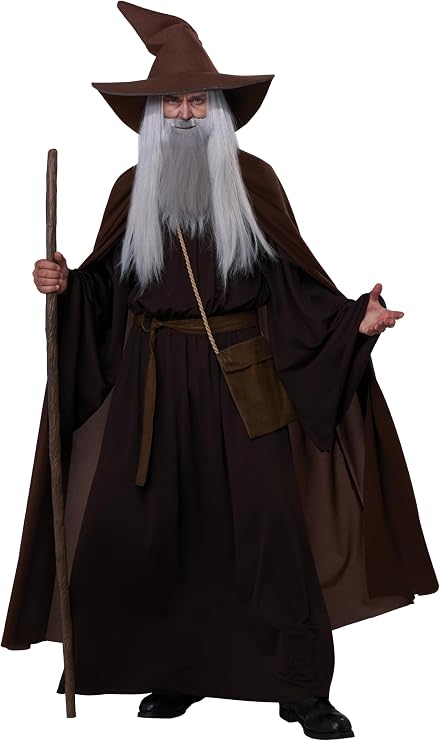 A person wearing a wizard costume with a dark brown pointed hat, long white beard, dark brown robe, brown belt pouch, and holding a wooden staff against a plain white background.