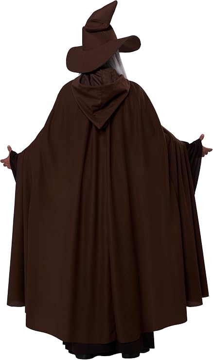 A person wearing a dark brown wizard costume cape and matching pointed hat, shown from the back against a plain white background.