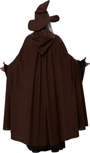 A person wearing a dark brown wizard costume cape and matching pointed hat, shown from the back against a plain white background.