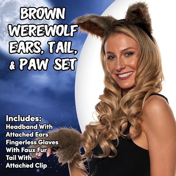 Woman wearing brown werewolf ears, tail, and paw set with product description text on a blue and white background.