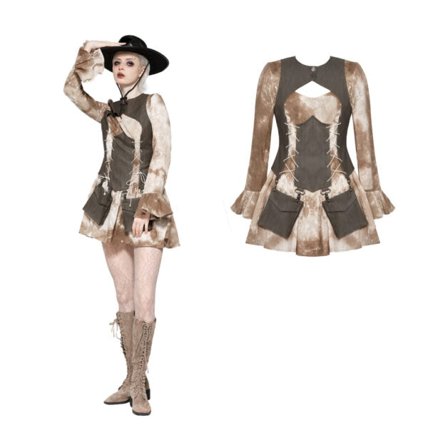 Steampunk-style dress with intricate details on a white background