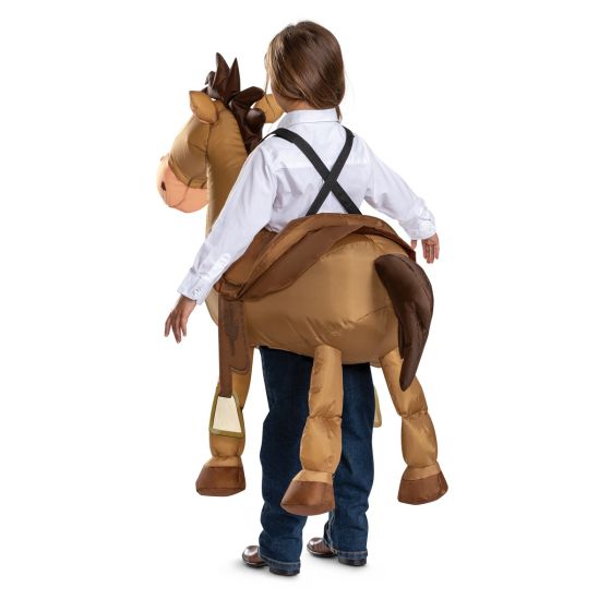 Person wearing a horse costume with a white shirt and blue jeans on a white background