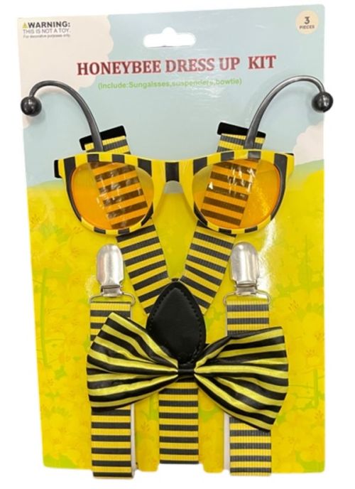 Honeybee dress up kit with suspenders and bow tie on packaging