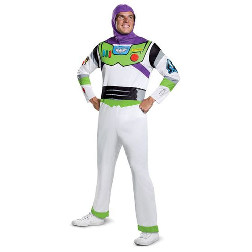 Person wearing a Buzz Lightyear costume on a white background
