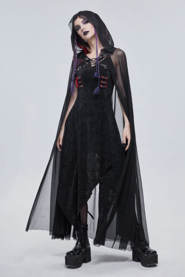 Gothic Black Long Hooded Cape with Harness