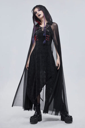 Gothic Black Long Hooded Cape with Harness