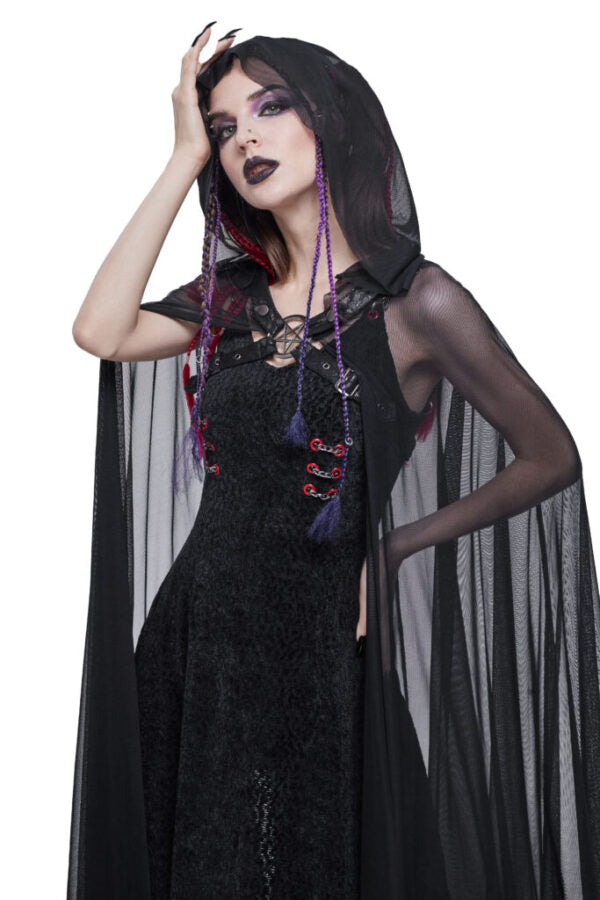 Gothic Black Long Hooded Cape with Harness