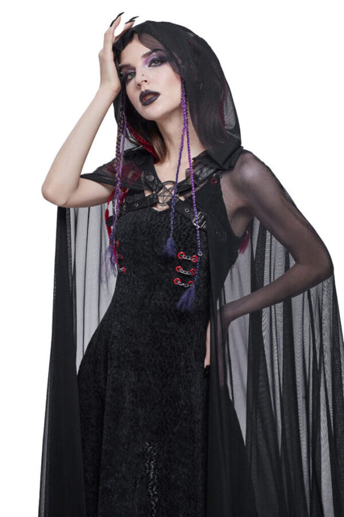 Gothic Black Long Hooded Cape with Harness