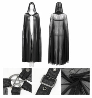 Gothic Black Long Hooded Cape with Harness