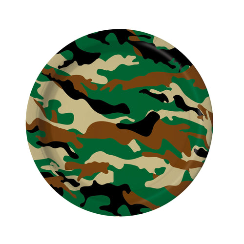 Round paper plate with a camouflage pattern on a white background