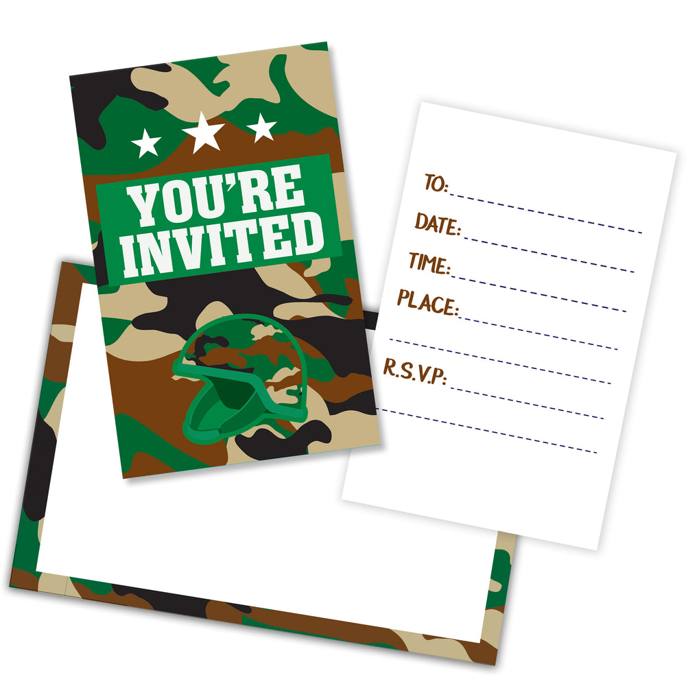 Camouflage-themed party invitation with helmet graphic on a white background