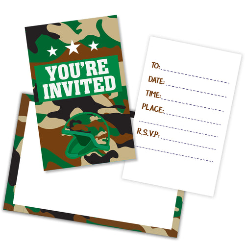 Camouflage-themed party invitation with helmet graphic on a white background