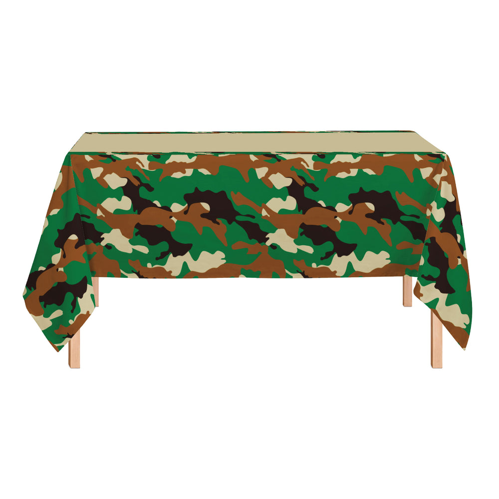 Camouflage-patterned tablecloth on a wooden table with a white background