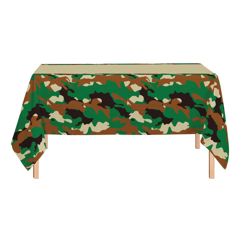 Camouflage-patterned tablecloth on a wooden table with a white background