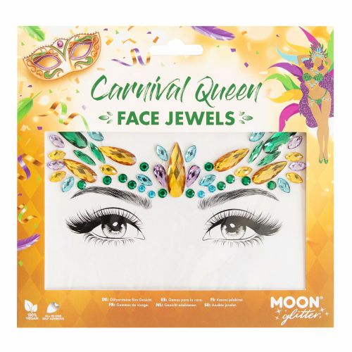 Packaging of Carnival Queen face jewels with colorful design and 'Moon Glitter' branding.
