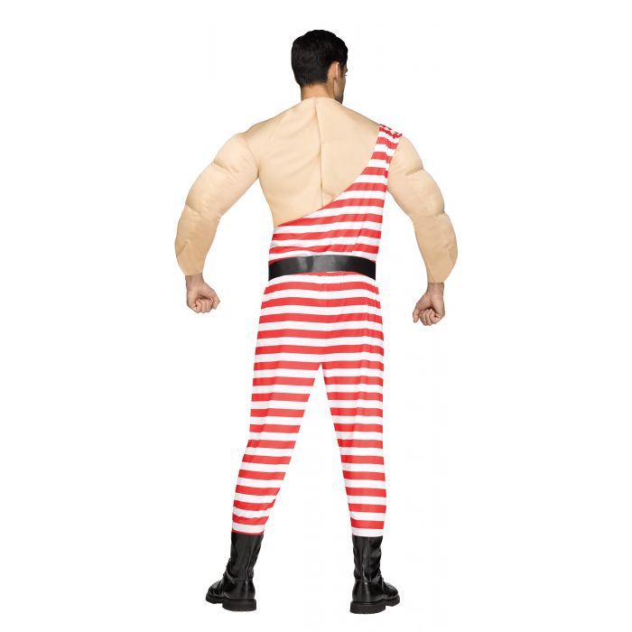 Person wearing a red and white striped costume with a muscular back on a white background
