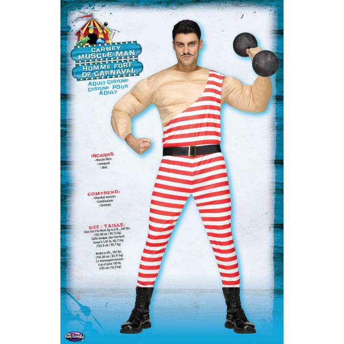 A man modeling a carnival costume set featuring a red and white striped one-shoulder bodysuit and matching striped pants, with beige arm sleeves and black boots. The image includes product text and specifications on a blue and white background.