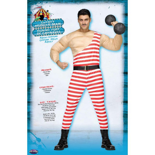A man modeling a carnival costume set featuring a red and white striped one-shoulder bodysuit and matching striped pants, with beige arm sleeves and black boots. The image includes product text and specifications on a blue and white background.
