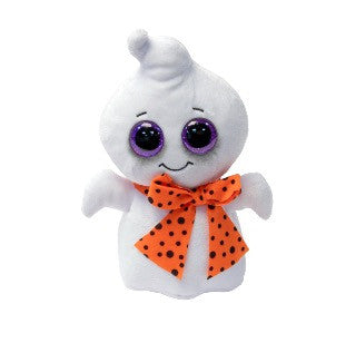 A white plush ghost toy with large purple-rimmed eyes, a small stitched smile, and an orange bow tie with black polka dots, shown on a plain white background.
