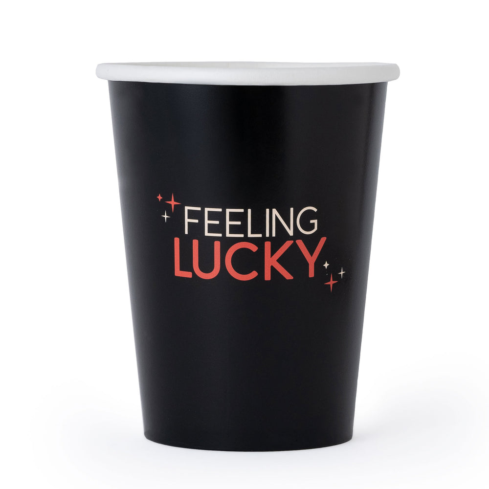 Black paper cup with 'Feeling Lucky' text on a white background