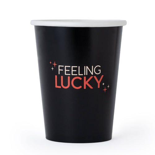 Black paper cup with 'Feeling Lucky' text on a white background