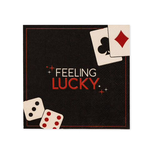 Black mat with playing card symbols, dice, and 'Feeling Lucky' text on a white background