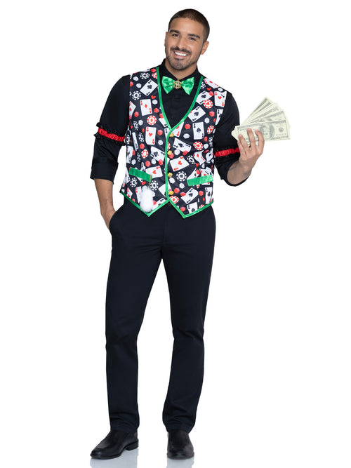 A man modeling a black magician-style costume vest with a colorful playing card print, a green bow tie, and a black shirt, holding a fan of cash against a plain white background.